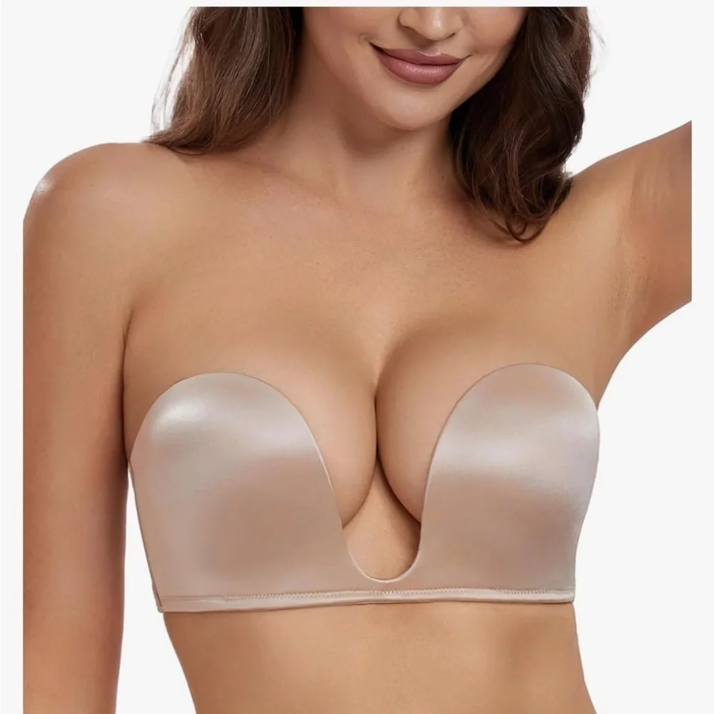 NWT HACI Deep Plunge Deep U Bra Strapless Push Up Demi Bras Seamless Underwire